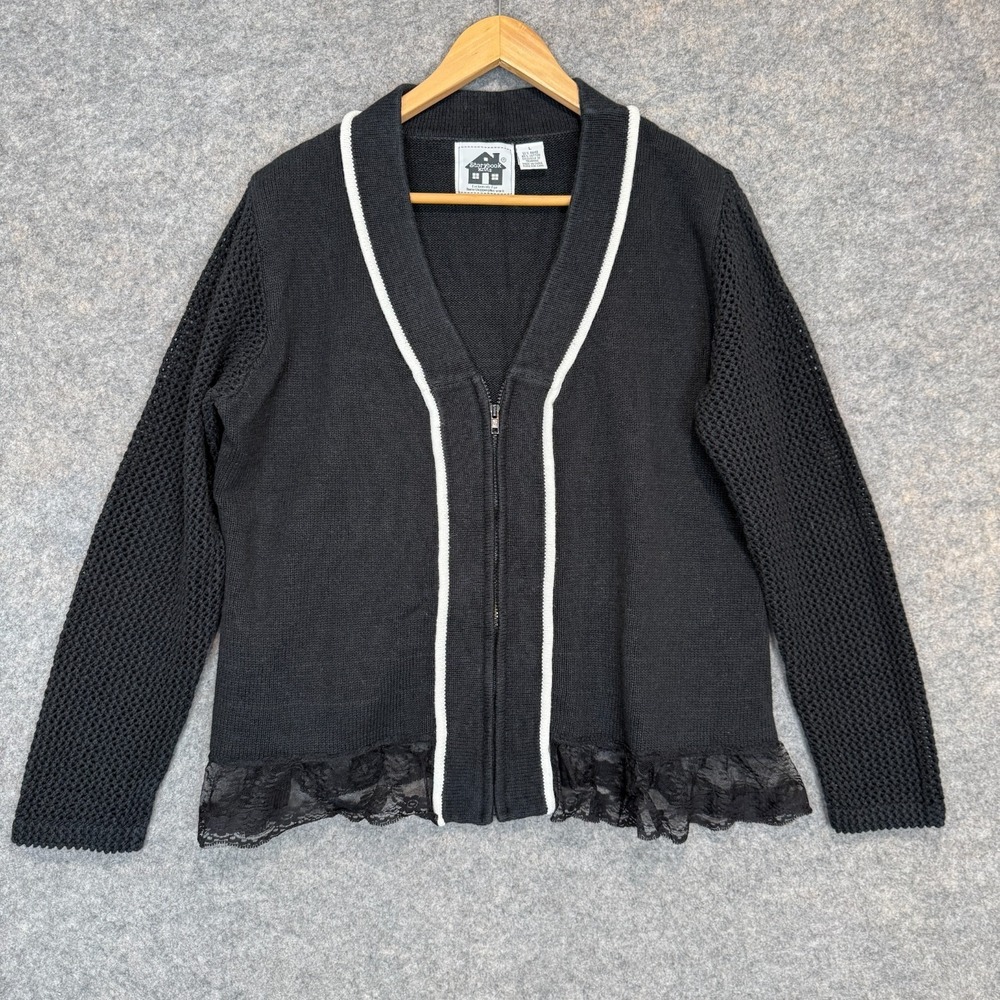 Storybook Knits Zip Cardigan Sweater Womens Large Chunky Lace Trim Zip Grace